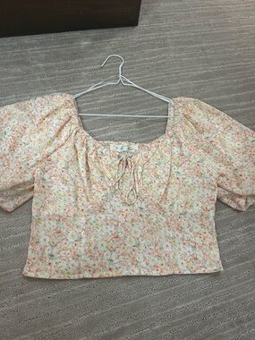 Floral Tie-Front Puff Sleeve Crop Top - Peach Multi